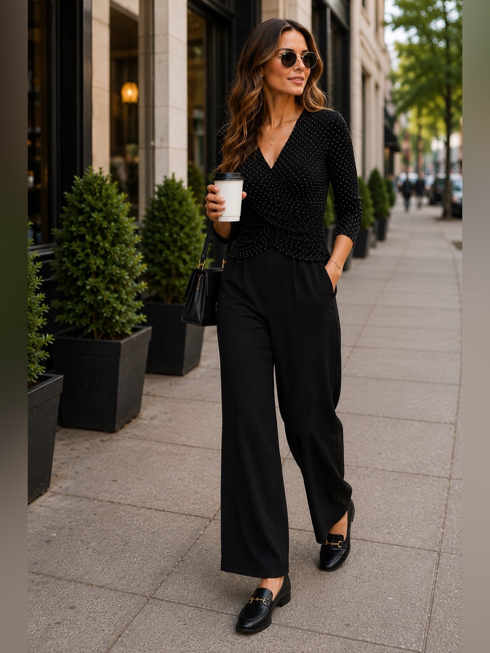 Joseph Ribkoff Black Polka Dot Ruched Jumpsuit Wide Leg, M (ptp 19-20”)